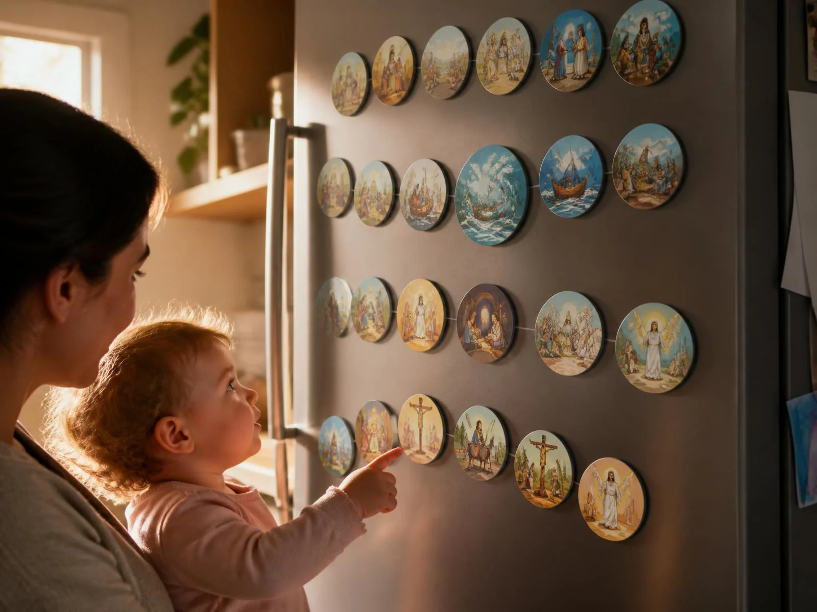 A mother and toddler pointing at rows of Bible story magnets arranged on a refrigerator door