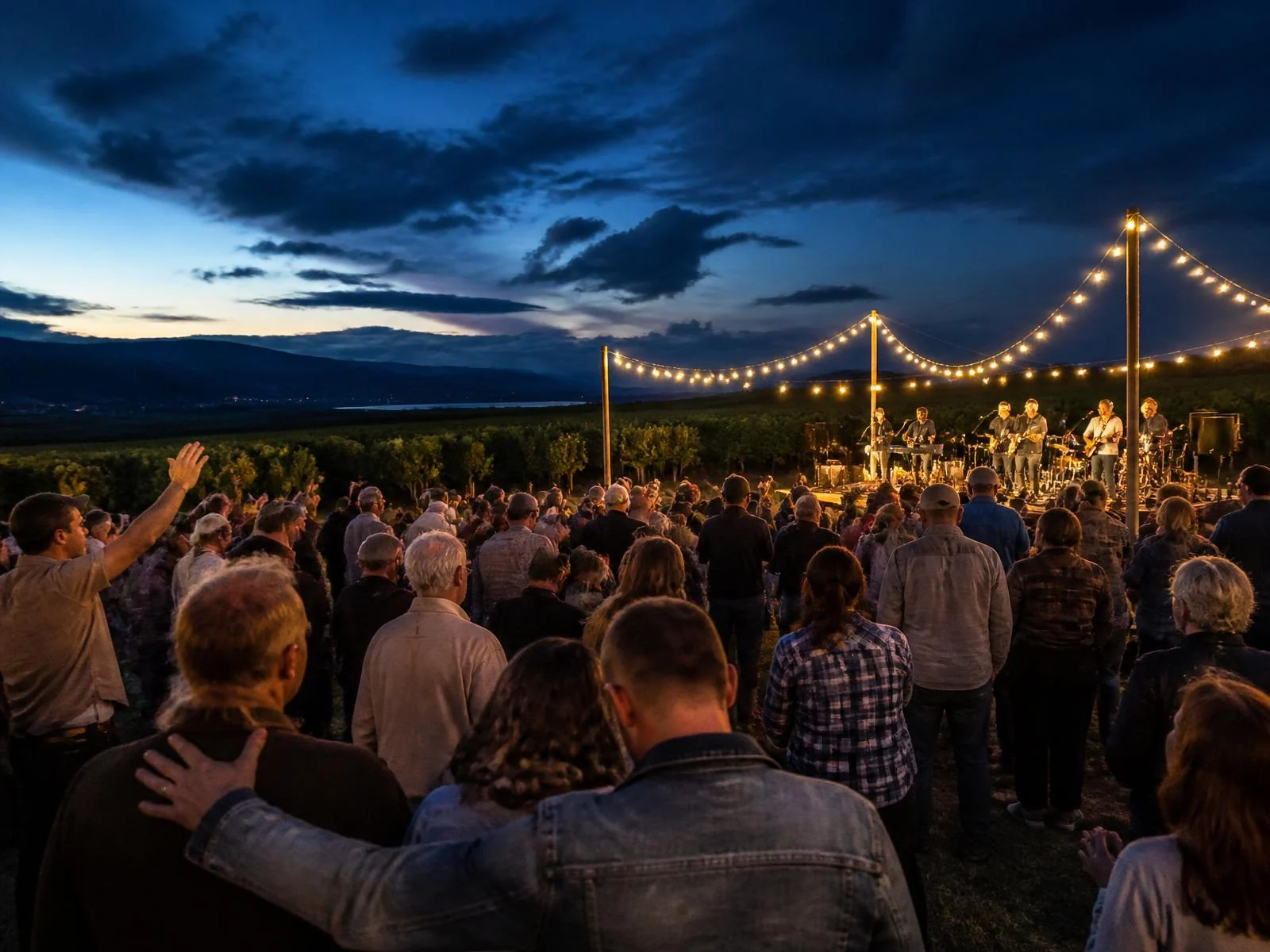 An outdoor evening revival gathering under string lights in the Yakima Valley